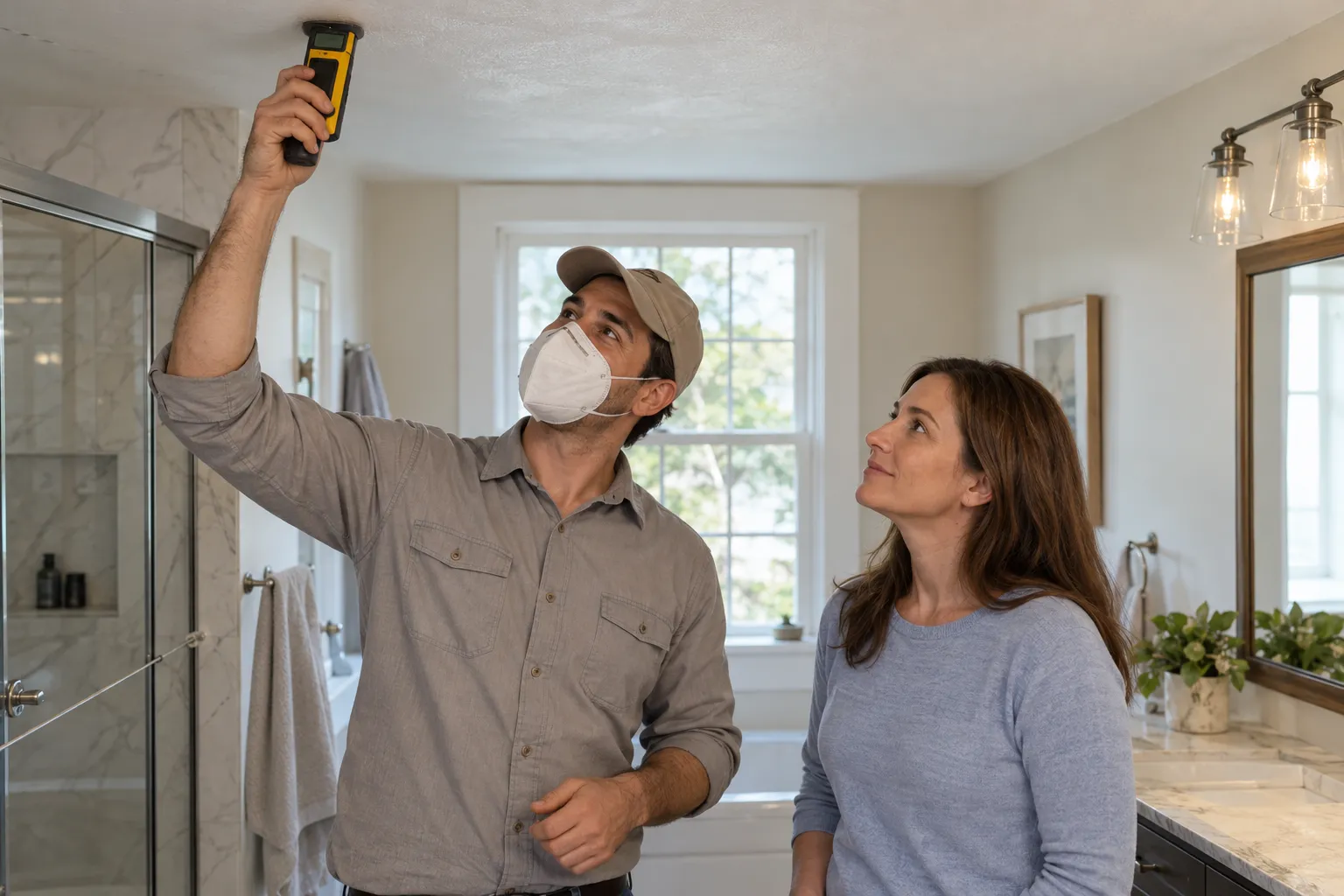 Provider inspecting a bathroom ceiling for moisture in the Boston area